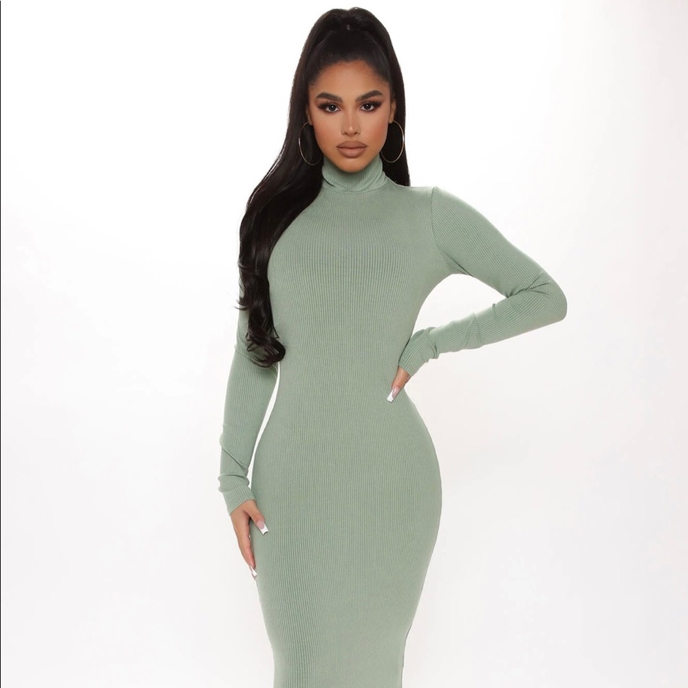 Sage Midi Dress from FashionNova . Mock Neck Dress. Compression ribbed dress.